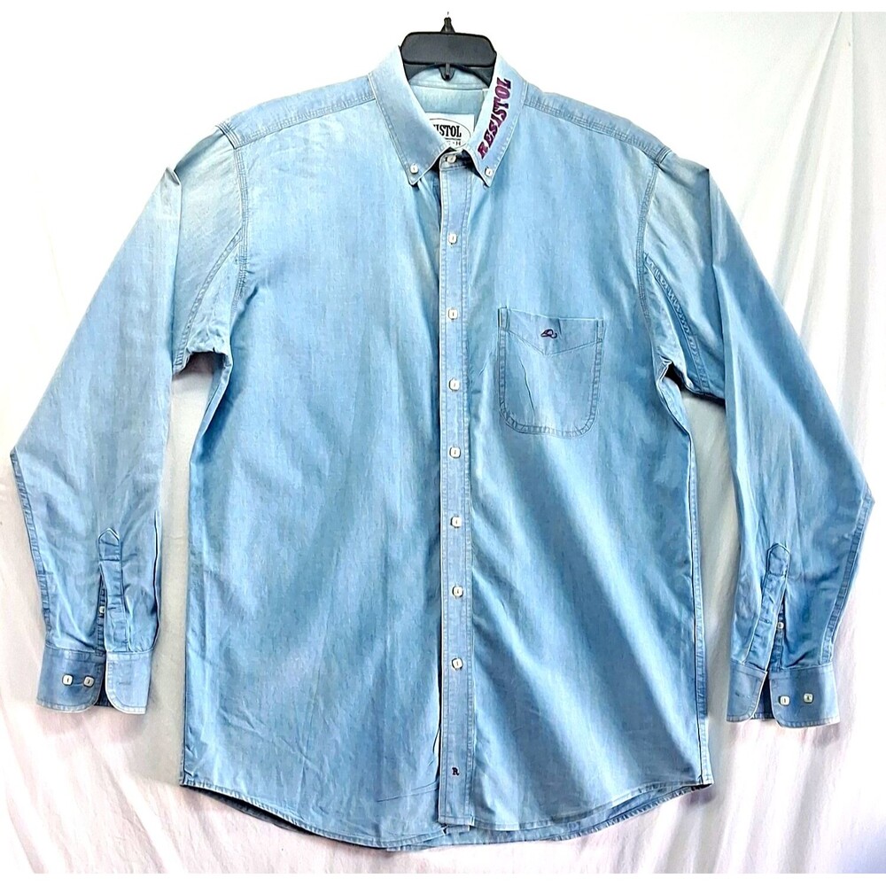 Resistol Ranch Mens L Blue Chambray Cotton Shirt Embroidered Pockets Western